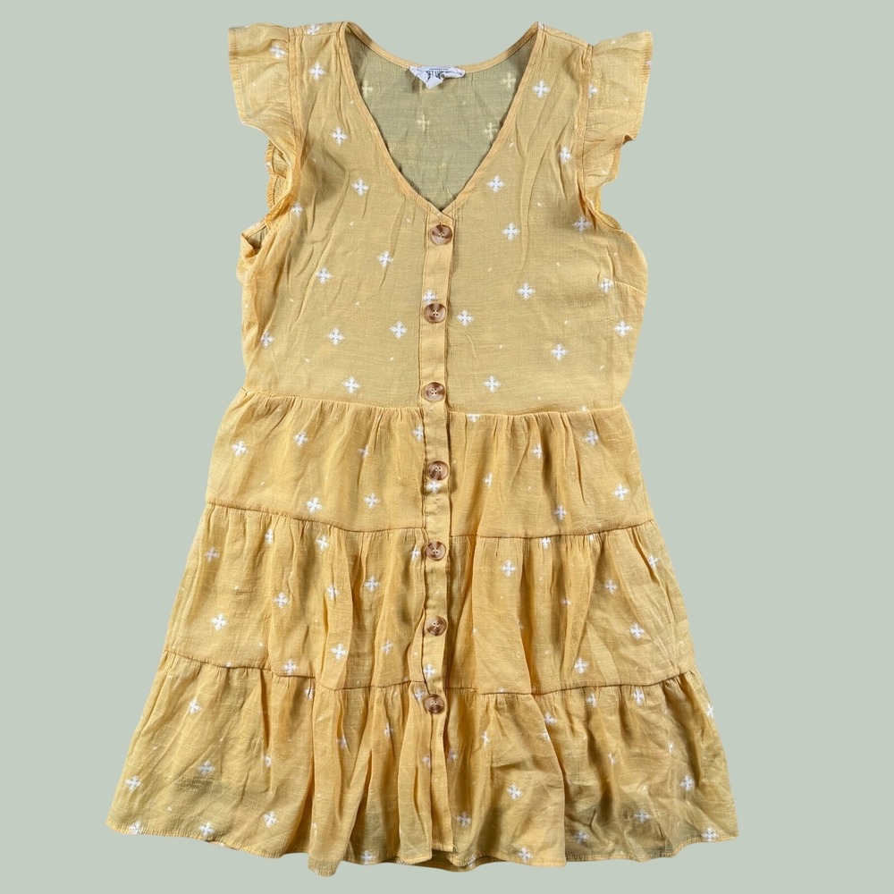 Sweet Wanderer Dress Women L Yellow Ruffle Tiered Boho Button Front Sun Summer
